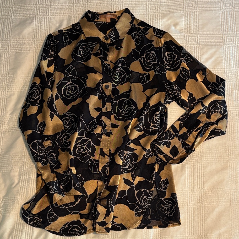 Ellen Tracy Black and Gold Floral Blouse